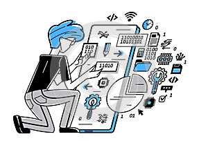 Programmer is coding and repairing some applications on phone, vector outline illustration, programming engineer working with app