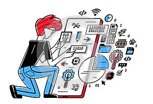 Programmer is coding and repairing some applications on phone, vector outline illustration, programming engineer working with app