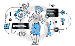 Programmer is coding and repairing some machine system, vector outline illustration, computer engineer doing his job, sysadmin and