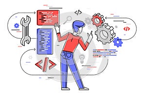 Programmer is coding and repairing some machine system, vector outline illustration, computer engineer doing his job, sysadmin and