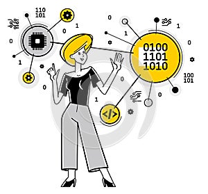 Programmer is coding and repairing some machine system, vector outline illustration, computer engineer doing his job, sysadmin and