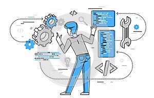 Programmer is coding and repairing some machine system, vector outline illustration, computer engineer doing his job, sysadmin and