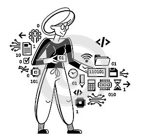 Programmer is coding and repairing some machine system, vector outline illustration, computer engineer doing his job, sysadmin and