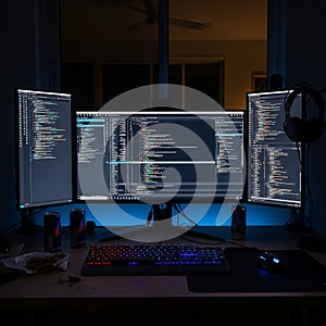 Programmer coding on three monitors in dark room setup