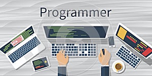 Programmer at computer. Vector