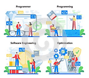 Programmer concept set. Idea of coding, testing and writing program