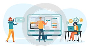 Programmer and designer developing website. Team working together to construct internet page. Software developer