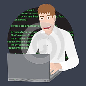 Programmer or Developer with laptop. Programming software or web in computer. Vector flat cartoon illustration.