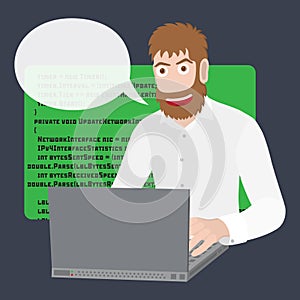 Programmer or Developer with laptop. Programming software or web in computer. Vector flat cartoon illustration.