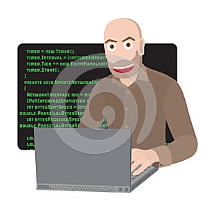 Programmer or Developer with laptop. Programming software or web in computer. Vector flat cartoon illustration.