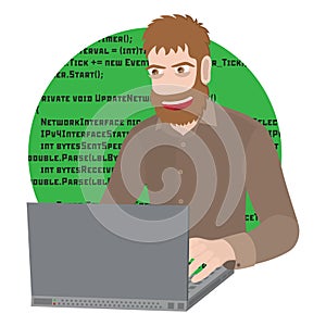 Programmer or Developer with laptop. Programming software or web in computer. Vector flat cartoon illustration.
