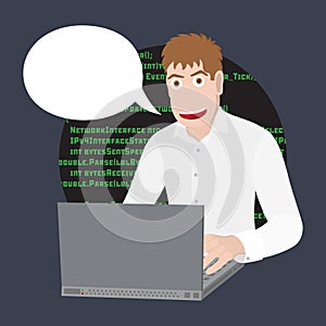 Programmer or Developer with laptop. Programming software or web in computer. Vector flat cartoon illustration.
