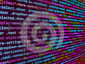 Programmer developer screen. Computer script coding source code on desktop monitor. Abstract modern virtual computer script