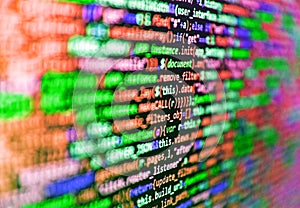 Programmer developer screen. PHP development, software site code. Abstract computer script about big data and blockchain database
