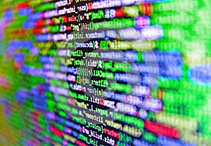 Programmer developer screen. PHP development, software site code. Abstract computer script about big data and blockchain database