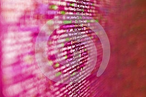 Programmer developer screen. Programming code screen of software developer. Javascript code in bracket software. Modern web
