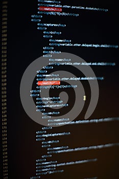 Programmer developer screen, web app coding. Script on computer. Modern display of data source code. Programming code abstract