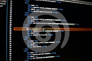 Programmer developer screen, web app coding. Script on computer. Modern display of data source code. Programming code abstract
