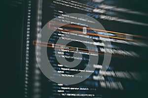 Programmer developer screen, web app coding. Script on computer. Modern display of data source code. Programming code abstract