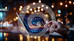 Programmer developing innovative software using futuristic holographic computer interface person's hand on