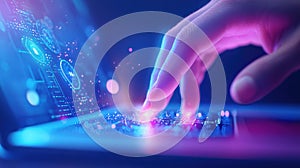 Programmer developing innovative software using futuristic holographic computer interface technology hand on a