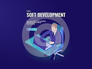 Programmer development a software, programming isometric, business analytics and data processing, hr manager
