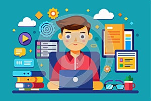 A programmer engages with a laptop surrounded by colorful tools and programming elements, Programmer Customizable Flat