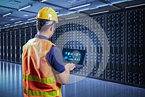 Programmer or engineer in server room