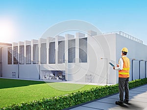 Programmer or engineer work at data center with tablet