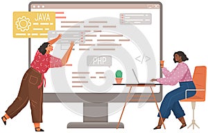 Programmer engineering and coding. Set of programmers working on web development on computers