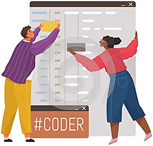 Programmer engineering and coding. Set of programmers working on web development on computers