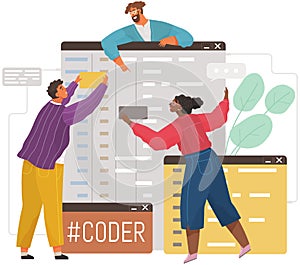Programmer engineering and coding. Set of programmers working on web development on computers