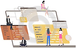 Programmer engineering and coding. Set of programmers working on web development on computers