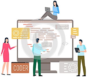 Programmer engineering and coding. Set of programmers working on web development on computers