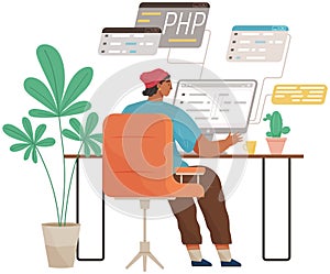 Programmer engineering and coding. Set of programmers working on web development on computers