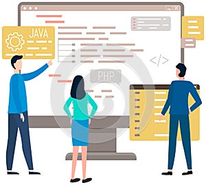 Programmer engineering and coding. Set of programmers working on web development on computers