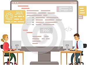 Programmer engineering and coding. Set of programmers working on web development on computers