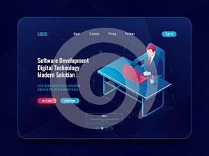 Programmer and engineering development isometric icon, man sitting at a table, software developt, dark neon vector