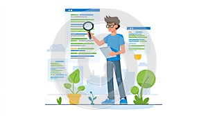 Programmer Examining Code with Magnifying Glass, Digital Analysis Concept