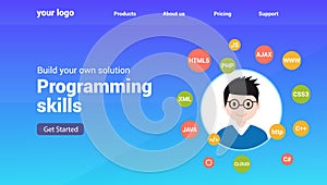 Programmer flat design graphic illustration. Computer geek programming software training website banner concept