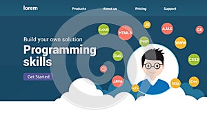 Programmer flat design graphic illustration. Computer geek programming software training website banner concept
