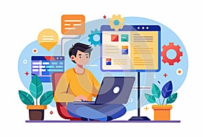 A programmer focused on coding and testing software using a laptop in a vibrant workspace with plants Programmer using device to