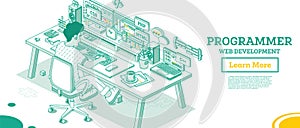 Programmer. Frontend or Backend Developer Sit on Chair with Wheels in Front of Two Monitors with Code