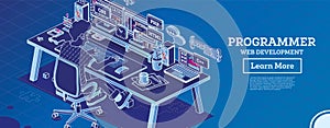 Programmer. Frontend or Backend Developer Sit on Chair with Wheels in Front of Two Monitors with Code