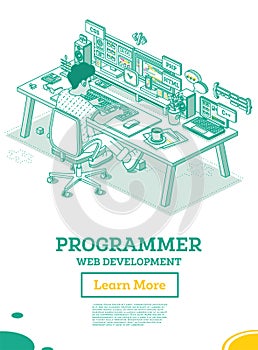 Programmer. Frontend or Backend Developer Sit on Chair with Wheels in Front of Two Monitors with Code. Html, Css, Php, C++