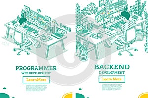 Programmer. Frontend or Backend Developer Sit on Chair with Wheels in Front of Two Monitors with Code. Html Programming Code.