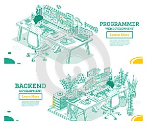 Programmer. Frontend or Backend Developer Sit on Chair with Wheels in Front of Two Monitors with Code