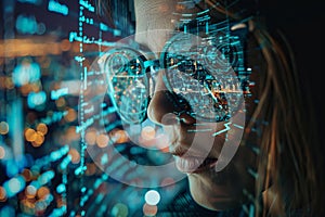 Programmer in glasses analyzing big data on computer screen, processing information