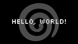 Programmer greeting HELLO WORLD with glitch effect. Software development, coding, programming. Promotional content