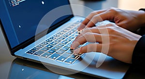 Person hands typing on laptop keyboard with code on screen for concept of programming, software development, or cybersecurity